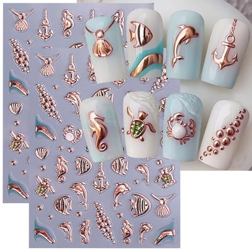 Auiremrti 2 Stück Nagelkunst-Aufkleber im Ozean-Stil,5D Geprägte Nagelaufkleber mit Meereslebewesen,Selbstklebende Nagelkunst Zubehör für Frauen,Maniküre Dekorationen