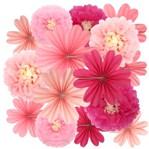 Kakuofan 12er Set Papierblumen Pompons Deko,Papier Blumenfächer Rosa Deko | Papierblumen zum Aufhängen Geburtstagsdeko Rosa,Gartenparty Deko für Geburtstag Party Deko,Hochzeit,Babyparty Tischdeko