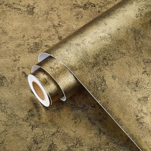 Wallercity Textured Gothic Peel and Stick Wallpaper Vintage Metal Gold Self Adhesive Wall Paper Industrial Metallic Cement Gold Contact Paper for Countertops Kitchen Cabinets Accent Walls 15.8x78.7 IN