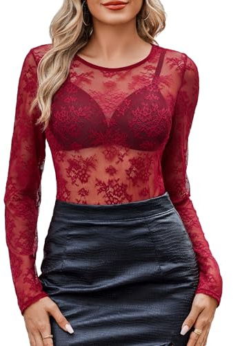 Avidlove Blusa de encaje para mujer, elegante, de manga larga, sexy, con cuello redondo