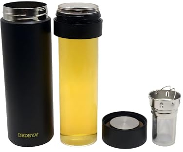 DEDEYA Vakuumisolierte Edelstahl-Wasserflasche mit Glaseinsatz innen, Thermoskanne mit Teesieb für heiße und kalte Getränke, auslaufsicherer Reisebecher mit Filter, Schwarz, mit Tee-Ei