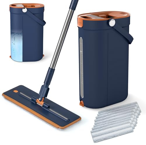 COSTWAY Balais Serpillière Seau Essoreur, Tête Plate Rotatif 360°, 8 Serpillières Microfibre Lavable Réutilisable, Manche INOX Réglable, Nettoyage Rapide (Balai-8 Serpillères-Bleu)