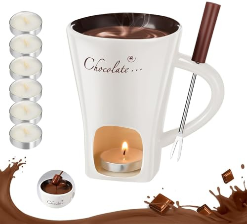 Fondue Mug, Chocolate Fondue Mug, Chocolate Melting Cup with Fork and 6 Tea Candles, Ceramic Chocolates Fondue Set, Cheese Butter Heated Cup, Gifts for Date Night Birthday Wedding