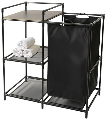 Spetebo Badregal schwarz mit integriertem Wäschekorb - 69 x 77 cm - Standregal aus Metall und Stoff mit 3 Ablagen - Steckregal Badezimmer Organizer Regal Ordnungshelfer mit Wäschesack