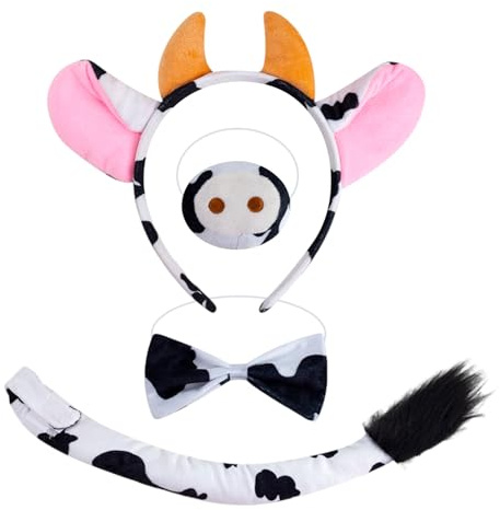 Kuh Kostüm Damen Herren Set 4-teilig mit Kuh Haarreif Gelben Hörnern Nase Fliege und Schwanz Lustige Tierverkleidung für Karneval Fasching Halloween Mottoparty Zubehör für Erwachsene Outfit Set