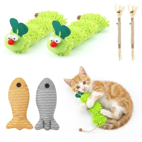 DOTDIW 4Pcs Cat Toys for Indoor Kitten Catnip and 2 Pcs Chew Sticks | Catnip Toys Interactive, Plush Caterpillar Fish Design, for Playing, Chewing and Teeth Cleaning