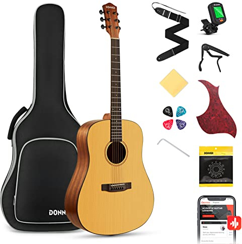 Donner Acoustic Guitar Full Size 4/4 Dreadnought Guitar Package 41 Inch Spruce Mahogany for Beginner with Gig Bag Tuner Strap Strings Capo Picks (DAG-1)