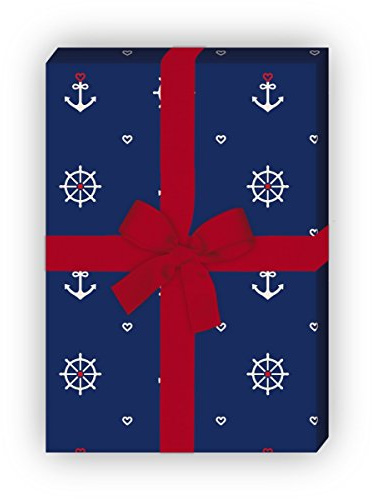 Kartenkaufrausch Set 4 Bogen: Maritimes Geschenkpapier, Dekorpapier, Musterpapier zum Einpacken mit Herz, Anker und Steuerrad, blau, für schöne Geschenkverpackung, Designpapier 32 x 48cm