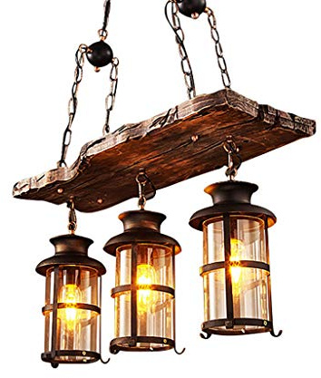 GMWSM Pendelleuchte Vintage Industrielle Pendellampe schwarz Metall und Glas Holz Rustikal Kronleuchter Höhenverstellbar Für E27 Lampe Geeignet für Wohnzimmer Schlafzimmer Küche Esszimmer Hängelampe