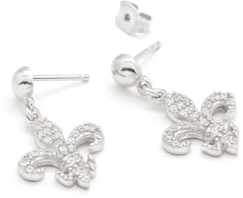 TALISMAN JEWELLERY Boucles d'oreilles en argent 925 et zircons blancs avec fermoir à bouton, écrou larme ou crochet - Fleur de lys, 25 mm, Argent sterling, Pas de gemme