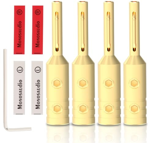 Monosaudio 4 Stück High-End Bananenstecker 4mm, Vergoldetes reines Kupfer, 4-Schicht-Plattierung, Doppelschraubverschluss, für 10-17AWG Lautsprecherkabel/Heimkino/Verstärker