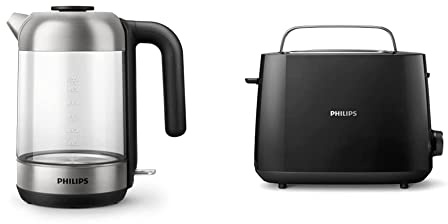 Philips Bouilloire Électrique - 1.7 L, Couvercle à Ressort et Voyant Lumineux, En Verre, Socle 360° (HD9339/80) & Grille-pain - 2 Fentes, 8 Réglages, Réchauffe-Viennoiseries, Noir (HD2581/90)