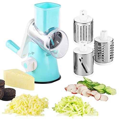 EDEFISY ED0315 Rotary Cheese Grater - 3-in-1 Stainless Steel Manual Drum Slicer, Rotary Graters for Kitchen, Food Shredder for Vegatables, Nuts and Chocolate(Blue),10.23 x 5 x 9.4 inches