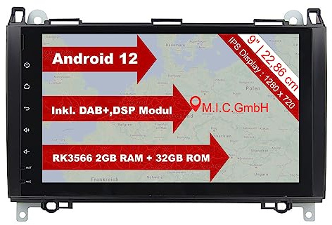 M.I.C. AB9-Lite Android 12 Autoradio für Mercedes-Benz W169/W245, Vito | Viano, Sprinter, W639 & VW Crafter; Rockchip 3566, 2GB+32GB, 9 Zoll IPS Display, DSP, DAB+, CANBUS, GPS