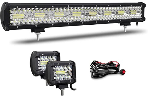 Willpower Barra LED 4x4 23 480W + Focos LED Tractor 4 12V 24V, Cableado | Barra Luz LED 58CM + 2X Focos de Trabajo LED 10CM, Largo Alcance, IP67 Impermeable, Blanco, para Coche Camion Barco Quad