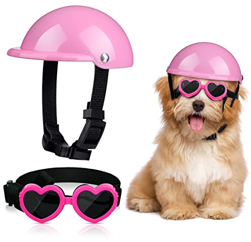 Xuniea Lot de 2 Casques et Lunettes de Soleil pour Petit Chien - Protection UV - avec Ceinture réglable - Casque de sécurité Rigide pour Chien - Lunettes Coupe-Vent - pour Le Cyclisme et l'équitation