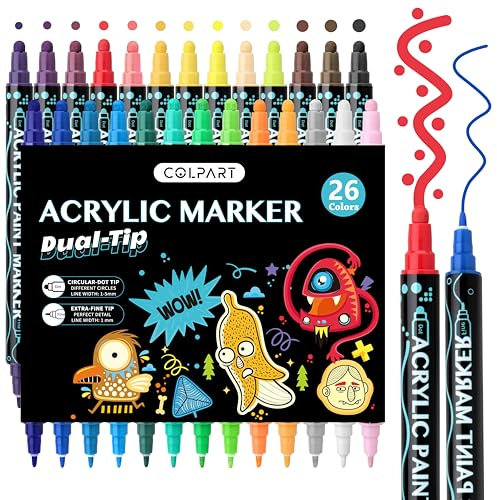colpart Acrylstifte für Steine Wasserfest Dual Tip Acrylic marker Acryl Stifte 26 Farben-52 Spitzen kinder Ostereier zum Bemalen Holz Leinwand Kunststoff Metall Multimarker Bastelarbeiten