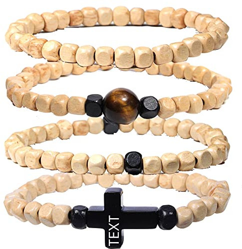 JJDreams Holz Perlenarmband Set Tigerauge Perlen Armband Herren Kreuz Armband mit Gravur Yoga Armband