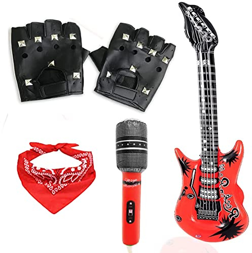 Xerteam 5 Pieces Rockstar Fancy Party Kit, Air Guitar Inflatable Microphone Punk Gloves Red Cotton Paisley Bandana Headband for Rock Punk Disco Party Kids (Xer-028)