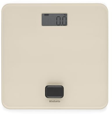 Brabantia - ReNew Báscula de Baño - Sin Pilas - Pesa hasta 150 kg - Sistema Preciso - Tapas Protectoras Antideslizantes - Pantalla LED - Superficie de Cristal - Soft Beige - 30 x 30 cm