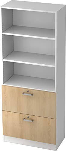 bümö Office Aktenschrank mit Hängeregister-Schubladen abschließbar, Büroschrank Holz, 80cm breit in Weiß/Eiche - Hängeregistratur für Hängeordner, Büro Schrank mit Chromgriffen