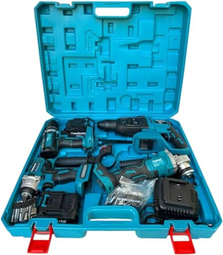 Kit 4 in 1 Trapano Avvitatore con Percussione + Flex Smerigliatrice Angolare + Svitabulloni Avvitatore impulsi + Martello Tassellatore SDS-PLUS Due Batterie da 68V Motore Brushless e Valigetta