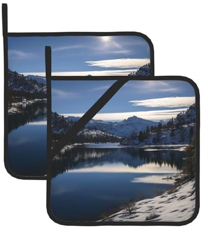 Donner Lake Winter Print Topflappen 2er Set Küche Hitzebeständige Topflappen mit Schlaufe Wasserdicht Langlebig Hot Pads Verdickt Ofen Topflappen zum Kochen Backen Grillen BBQ Mikrowelle