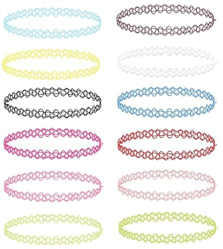 XUZWECP 12 Stück Regenbogen Halskette Vintage Elastische Halskette, Tattoo Choker, Mode Stretch, Gothische Elastische Halsband Schmuck-Sets, Damen, Mädchen