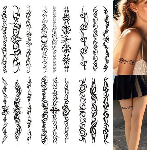 NATOSU 6 feuilles de Tatouage Temporaire, Autocollant Noir Tribal Faux Tatouage, Esquisse, Autocollant de Tatouage Temporaire, Tatouage Adhésif pour Femme et Homme