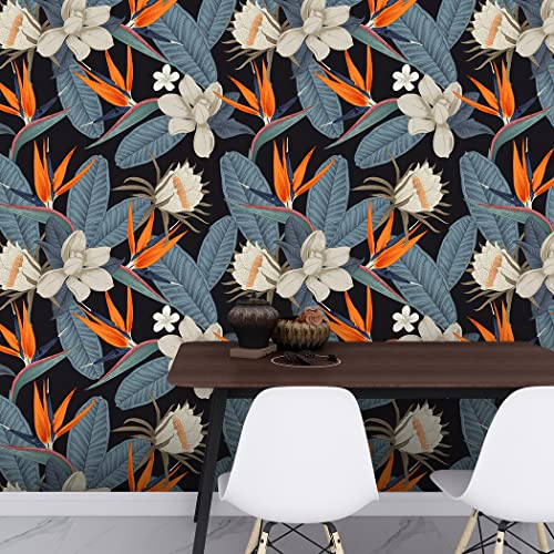 Papier Peint Bleu Orange Tropical Papier Peint Adhesif Mural Amovible Papier Adhesif pour Meuble Papier Peint Autocollant pour Chambre Salon Cuisine Décoratif Papiers Peints 2P (45x200cm)