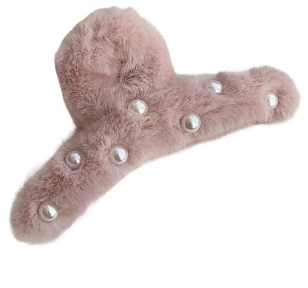 Hair Claw Clip Luster-retaining Hairpin Women Faux Pearls Decor Plush Wrapped Anti-slip Teeth Back Head Clamp Pink