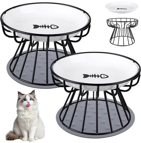 2 stycken upphöjda kattskålar, matskål för katt, av keramik, upphöjd kattskål, kattskålar, upphöjda kattskålar med metallstativ och halkfria mattor, kattskål av keramik, för kattungar och valpar