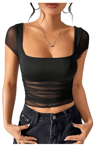 GORGLITTER Damen Bauchfreies Oberteil Mesh Crop Tops Kurzarmshirt U-Ausschnitt Cropped T-Shirt mit Durchsichtigem Netz Schwarz S