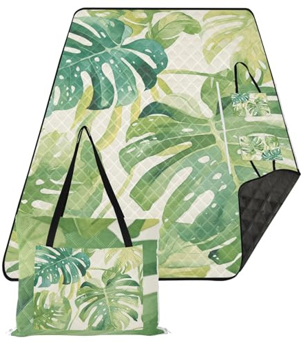 siphylline Coperte da picnic Carino Picnic Park Coperte Impermeabile Pieghevole per Bambini Coppie Regalo Acquerello Monstera Deliciosa Foglie Lago Verde Perla Bianco