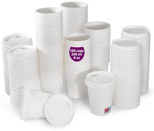 100 gobelets jetables blancs 240 ml 8 oz avec couvercles en papier, résistants anti fuites et sans odeurs, gobelets en carton pour café, thé et boissons, à emporter pour fêtes et barbecues.
