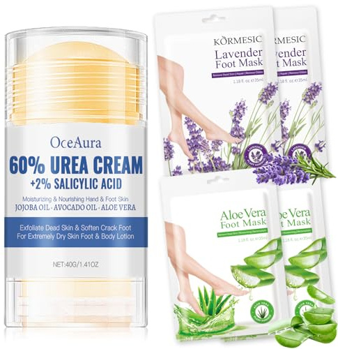 4 paia di maschere per i piedi + 40g Crema Piedi per Secchi Screpolati Tacchi e Piedi con 60% Urea, calzini per calli idratanti, crema per piedi molto asciutti, allevia i piedi secchi e screpolati