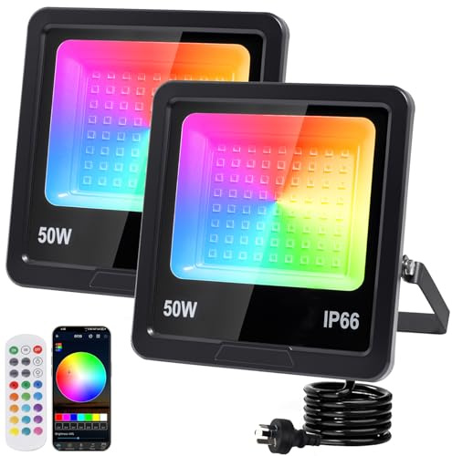 Indmird 2 Stück RGB LED Strahler 50W, RGB Strahler mit 360° Fernbedienung | Rgb Strahler Outdoor mit Bluetooth APP IP66 Wasserdicht Rgb Flutlicht Smart Partylicht für Bühne Garten Halloween