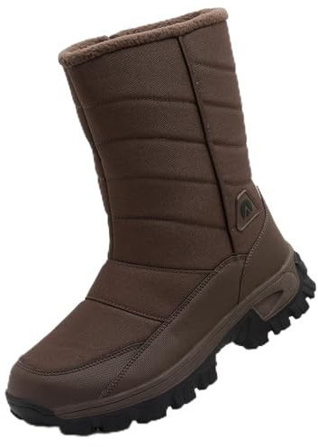 Topwolve Snow Boots Men's Waterproof Side Zip Winter Boots Outdoor Warm Fur Lined Mid Calf Walking Booties,Brown,9 UK