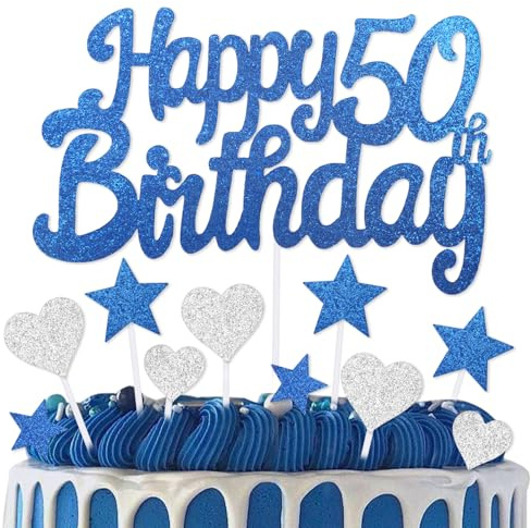 mciskin 50th Birthday Cake Topper,50th Birthday Decorations for Men Women,Royal Blue Cake Decorations,Personalised Cupcake Toppers with Heart Star for Girl Boy Women Men Birthday Party Supplies