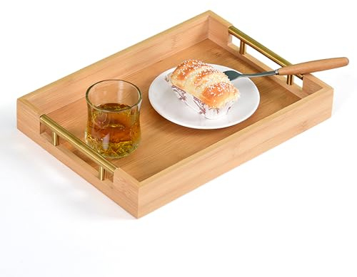Gsrhzd Plateau de Service, 38 * 26.5 * 5cm Plateau Bambou Antidérapant Résistant à la Moisissure pour Thé, Collation, Fruits, Petit déjeuner, Tray Rectangulaire pour Domicile, Cafés, Restaurants etc.