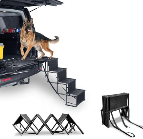 REHOOF Hundetreppe Auto Mit Kofferraumschutz, Hundeleiter Fürs Auto, Einstiegshilfe Auto Hund - Hunderampe 4 Stufen,55–76 cm, Bis 60 Kg, Hundetreppe Auto Klappbar, Leicht, rutschfest Für Alle Autos