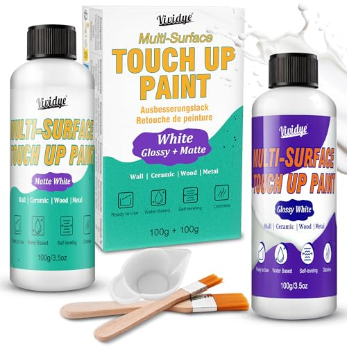 Vividye Touch Up Paint Set, 7oz White Gloss & Matte Repair Paint | Water-based white paint repairs walls, furniture, cabinets, sinks, tiles, wood and metal surfaces with low odor application.