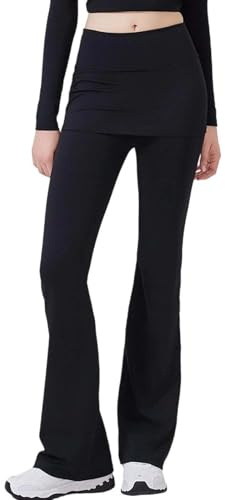 Women's Yoga Trousers with Integrated Skirt - Opaque Leggings with Flared Leg | Functional Sports Trousers for Fitness, Dance and Pilates, style_c01 black, M