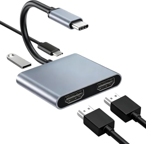 USB C to Dual HDMI Adapter 4K@30Hz | USB 3.0 Port | PD Port HDMI Splitter Extended Display for iPhone 17/16/15, Laptop Monitor Desktop TV Compatible with Mac OS, Windows