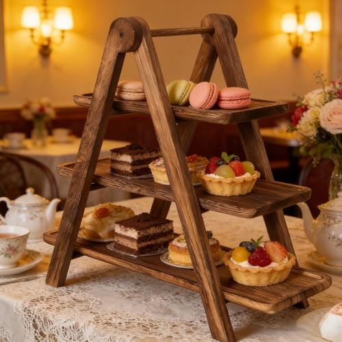 Presentoir A Gateau en BoisZ,3 Plateaux 43CM Présentoir A CupcakesZ en Bois avec Poignée De Transport,Présentoir A Gâteaux en Bois,Tour A Cupcakes pour Fêtes,Hôtels,Café,Thé Et Nourriture,Cupcakes