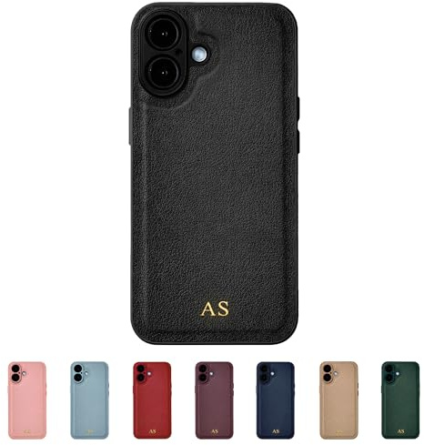 Tirita Personalisierte Handyhülle für iPhone 17 Hülle - Handyhülle Selbst Gestalten aus Veganem Leder & Initialen Personalisieren - Geschecke für Frauen & Männer - Schwarz, Gold