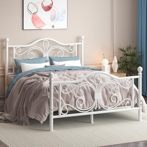 Bett 160x200 mit Schmetterlingsmuster Kopf und Fußteil, Metallbett, Weiß | Doppelbett 160x200 cm aus Metall, 26,5cm hohem Stauraum unter dem Bett Kein Lattenrost Erforderlich, Einfache Montage