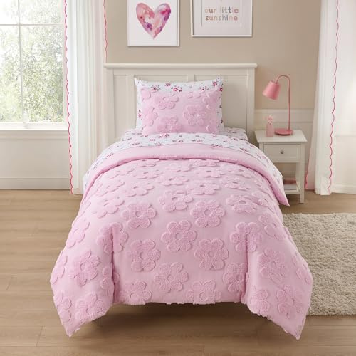 Kids Twin Size Bed in a Bag Tufted Comforter & Sheet Set – Complete Bedding Set with Corner Strap Fitted Sheet, Ultra Soft Lightweight All Season Comforter, Girls Bedroom, Dorm, Guest Room