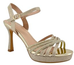 MODELISA - Sandalia de Tacón Alto con Plataforma para Mujer, Zapatos de Fiesta con Tiras de Brillo para Boda, Eventos y Noche (Dorado, Sistema tallas calzado EU, Adulto, Mujer, Números, mediano, 35)