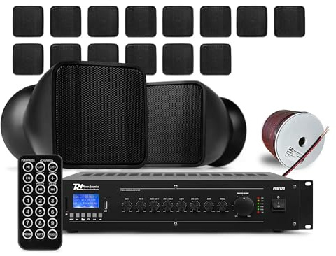 Power Dynamics BSX30B + PRM120 + RX22 – Sistema Sonido 100V con 16 Altavoces 2.5 30W, Amplificador 120W, Bluetooth, MP3 y Cable 100m para megafonía e Hilo Musical Profesional, Color Negro
